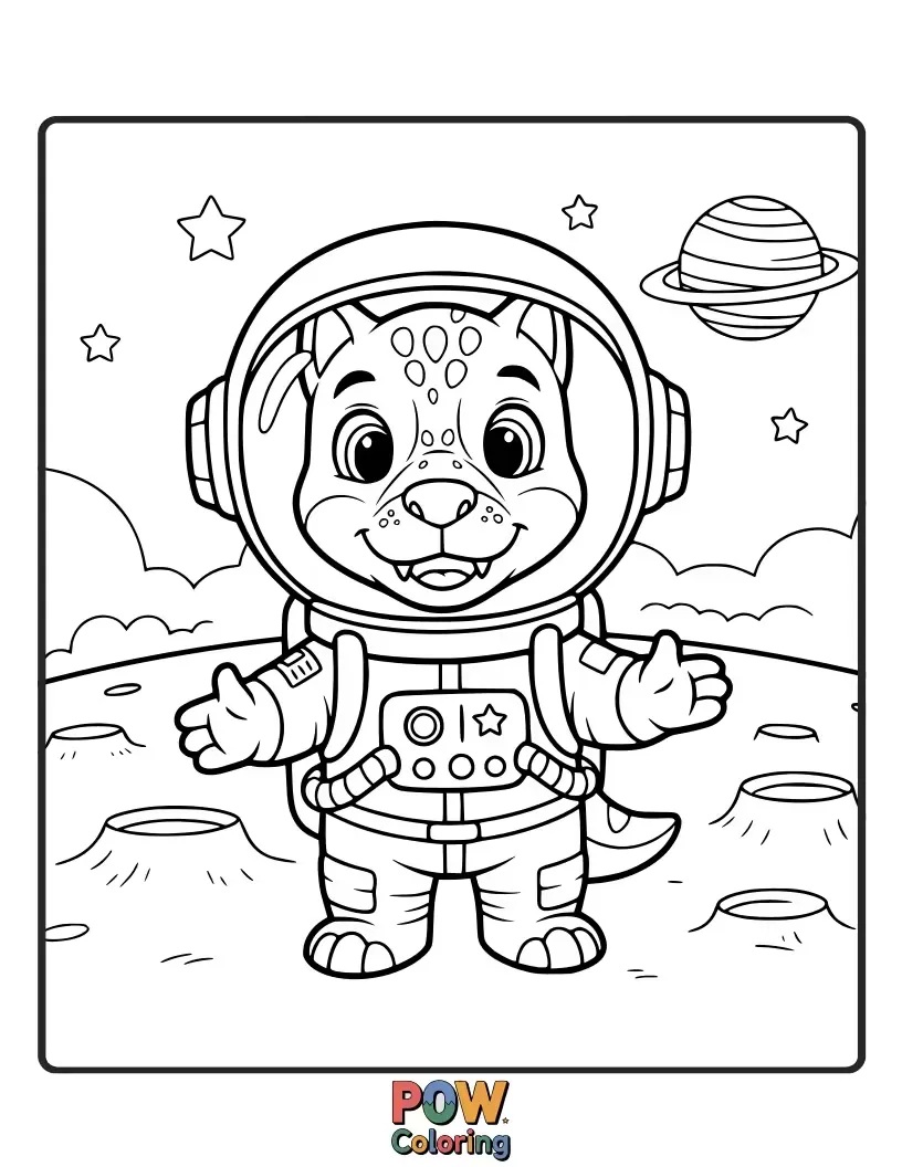 Free coloring page of An adorable Allosaurus dressed as a puppy astronaut, wagging its tail in space. Utterly charming and out of this world!