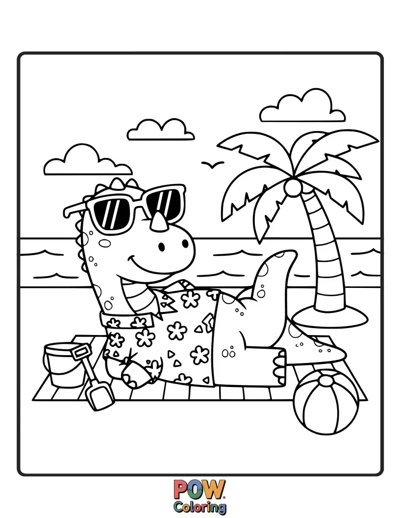 Free coloring page of A happy Allosaurus sporting sunglasses, building a sandcastle with its tiny arms. Perfect for a sunny afternoon!