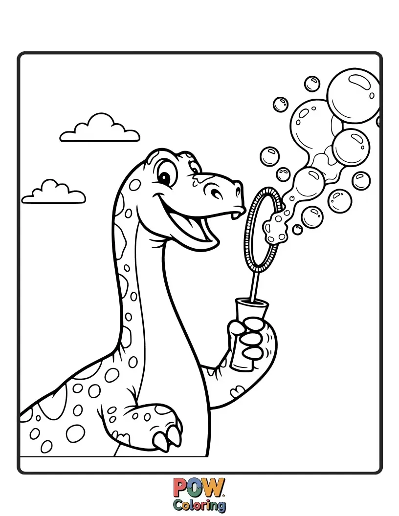 Free coloring page of A joyful Allosaurus blowing giant, iridescent bubbles that float everywhere. A playful and lighthearted scene.
