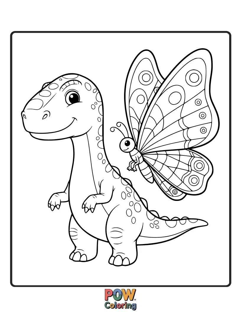 Free coloring page of A gentle Allosaurus with delicate butterfly wings, befriending a swarm of colorful butterflies. A whimsical, nature-themed scene.