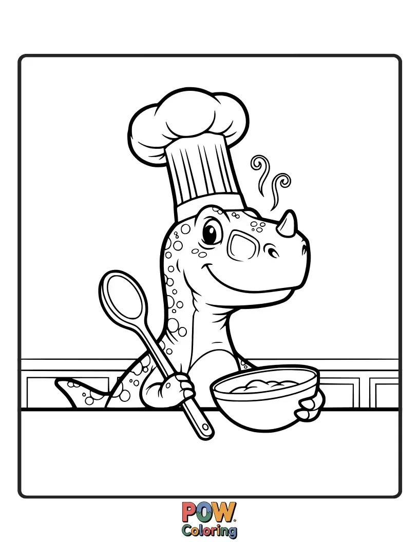 Free coloring page of A culinary Allosaurus in a tall chef's hat, proudly holding a giant cookie. Get ready to bake up some fun!