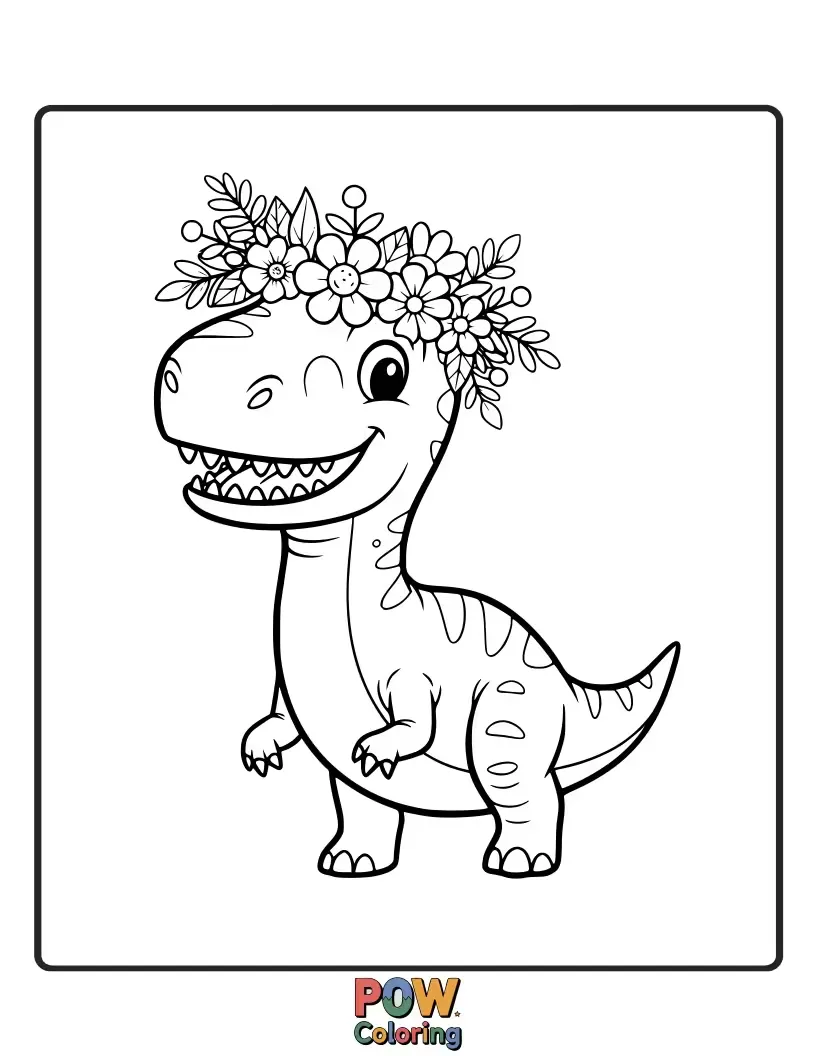 Free coloring page of A beautiful Allosaurus wearing a delicate crown made of vibrant flowers. A serene and lovely natural design.