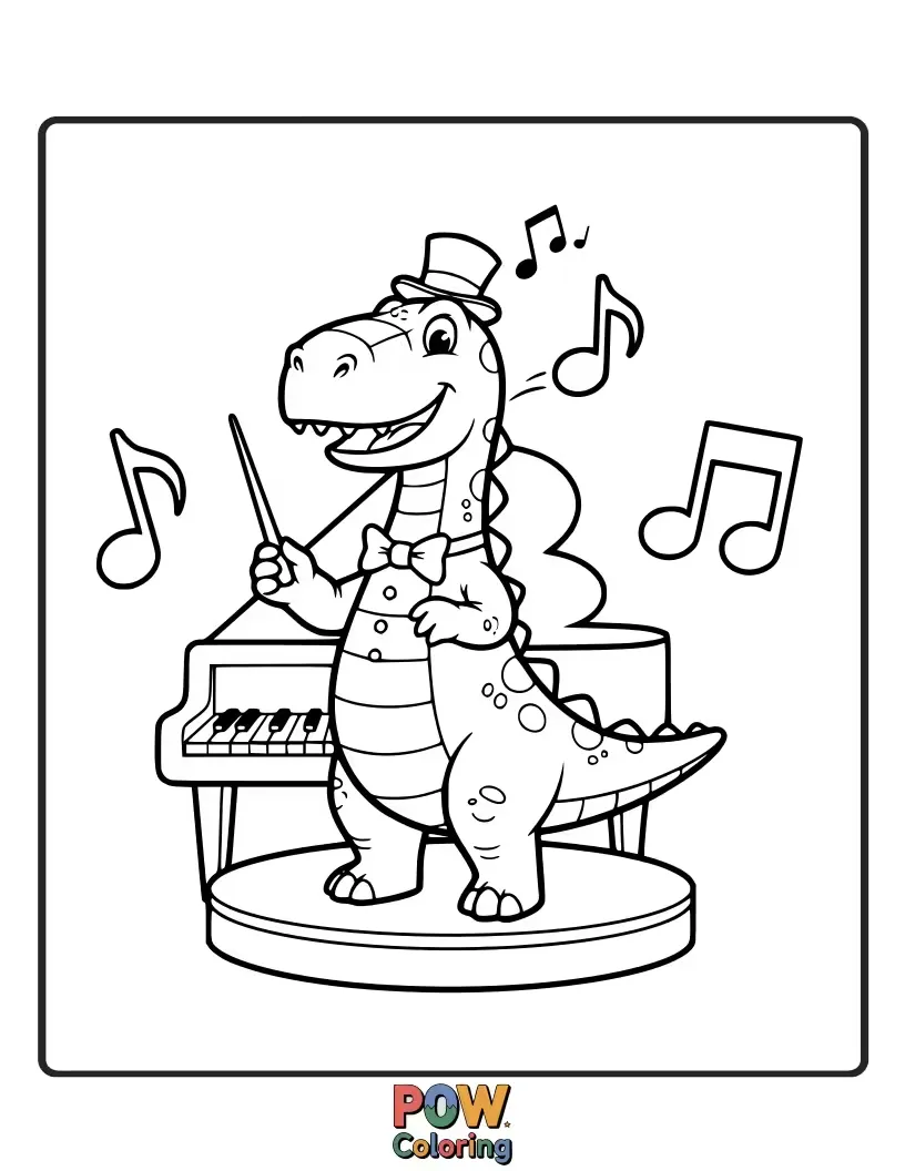 Free coloring page of This musical Allosaurus conducts an orchestra of tiny creatures with a baton. A harmonious and creative design!
