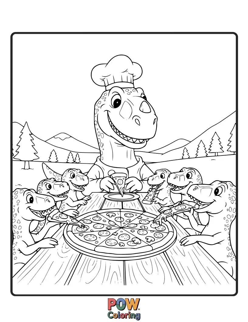 Free coloring page of A hungry Allosaurus devouring a giant slice of pizza with glee. A deliciously funny and relatable dino.