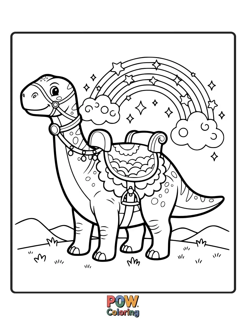 Free coloring page of A magical Allosaurus surrounded by shimmering rainbow sparkles and stars. Infuse your coloring with enchantment.
