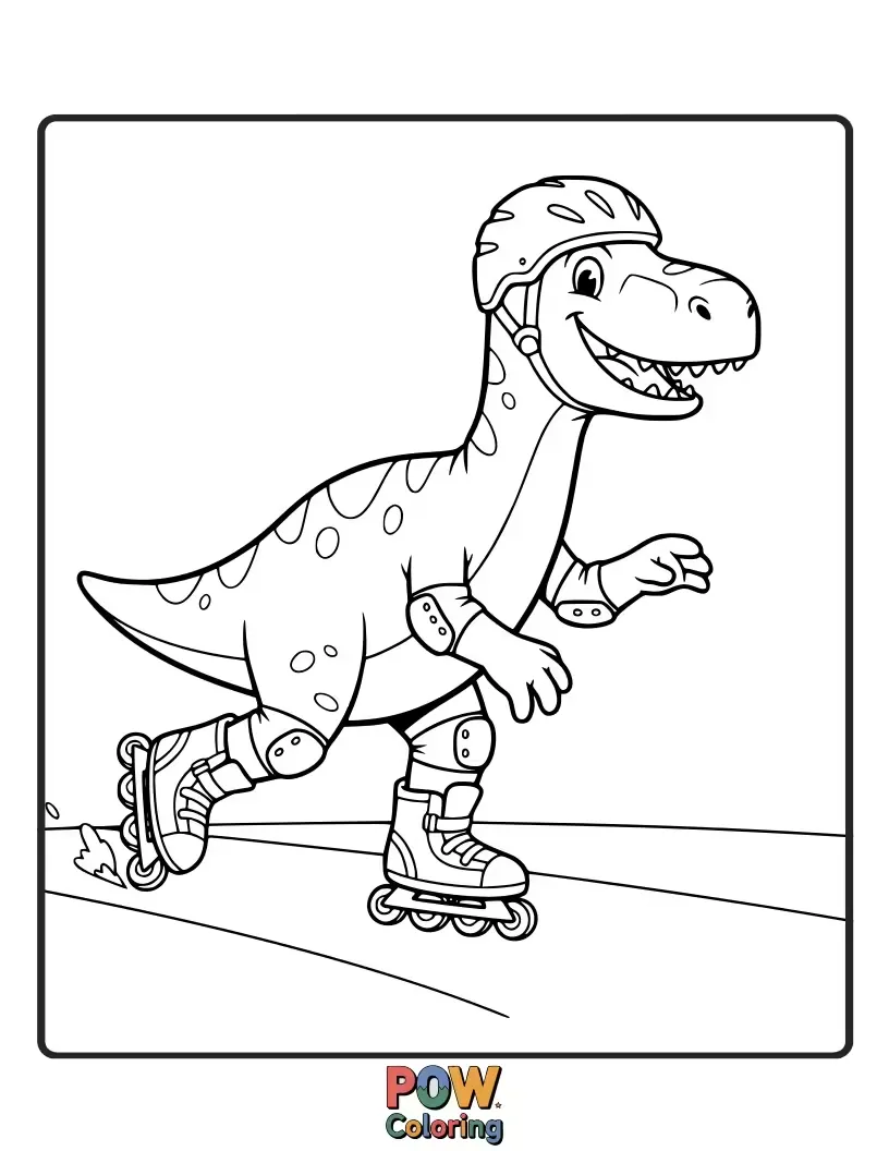 Free coloring page of An energetic Allosaurus zipping around on rollerblades, a streak of excitement. Get ready to roll with it!