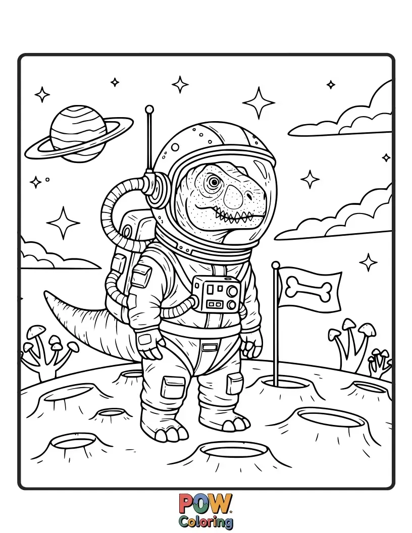 Free coloring page of This curious Allosaurus, equipped with a helmet, gazes at stars and planets. Embark on an intergalactic journey!