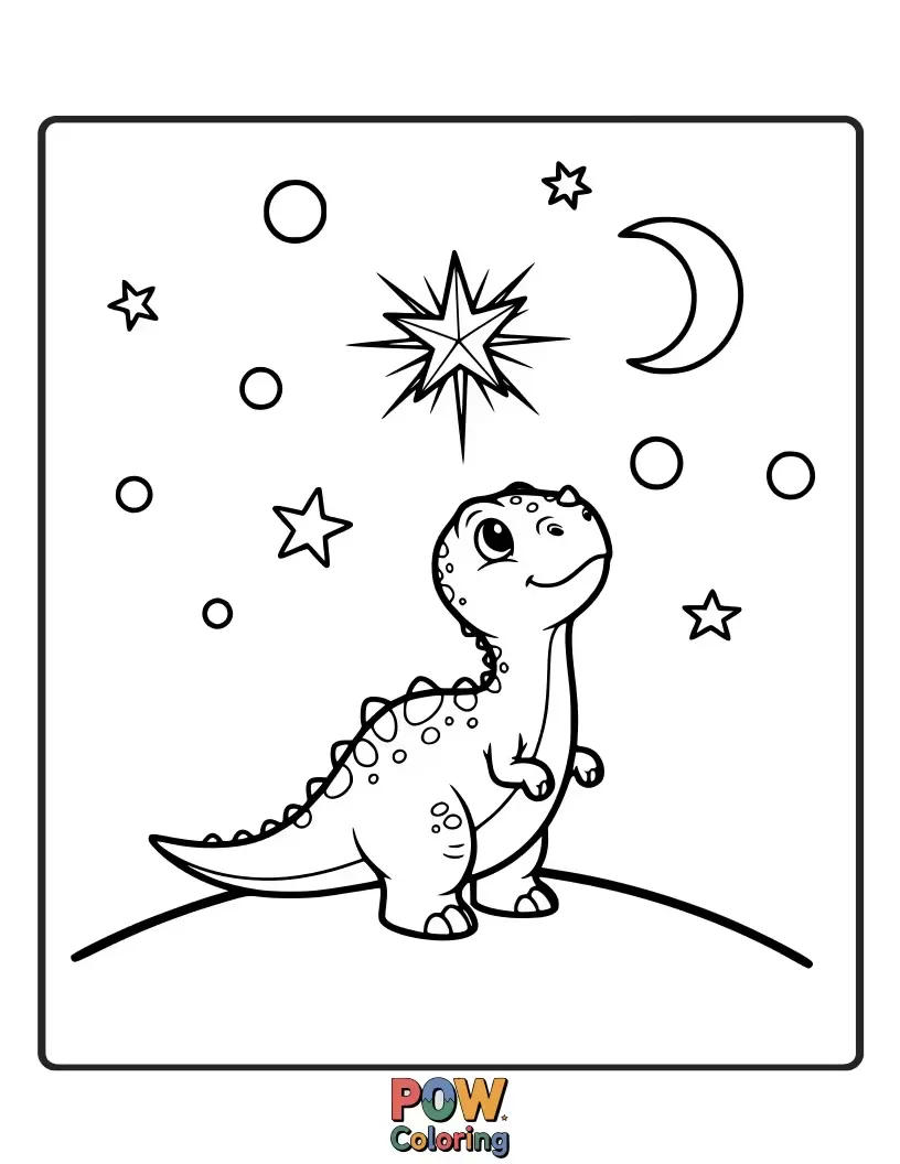 Free coloring page of An Allosaurus lying on its back, pointing at constellations with wonder. Explore the cosmos with this curious dino.