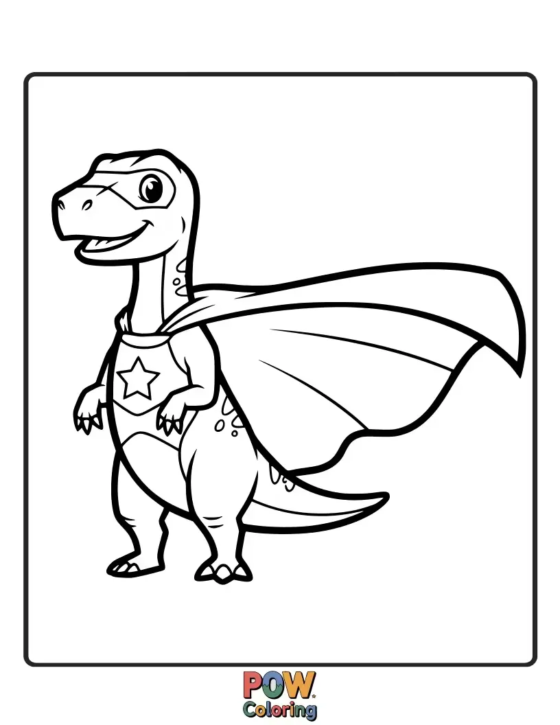 Free coloring page of This brave Allosaurus wears a flowing cape, ready to leap into action and save the day with a smile.