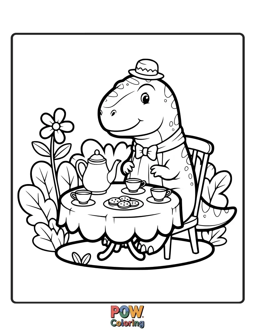 Free coloring page of A polite Allosaurus in a tiny hat, enjoying a whimsical tea party with teacups and tiny sandwiches.