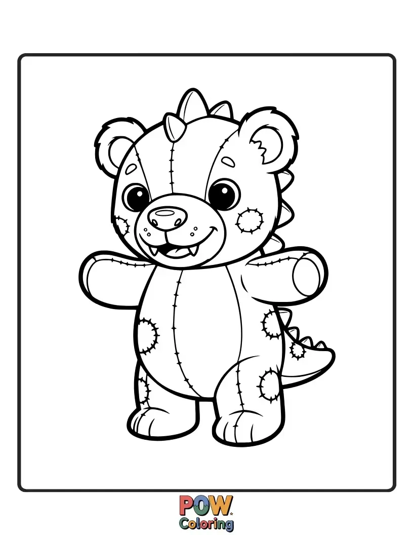 Free coloring page of A cuddly Allosaurus sharing a hug with its favorite oversized teddy bear. Pure sweetness and comfort for coloring.