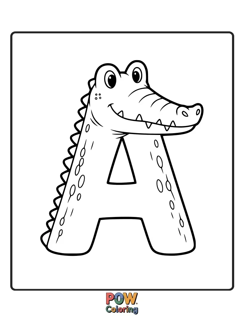 Free coloring page of cute alligator artistically formed into the letter A