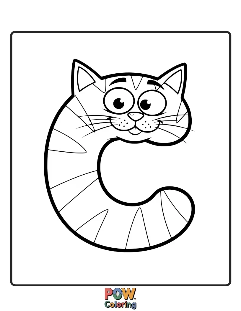 Free coloring page of charming cat beautifully formed into the letter C