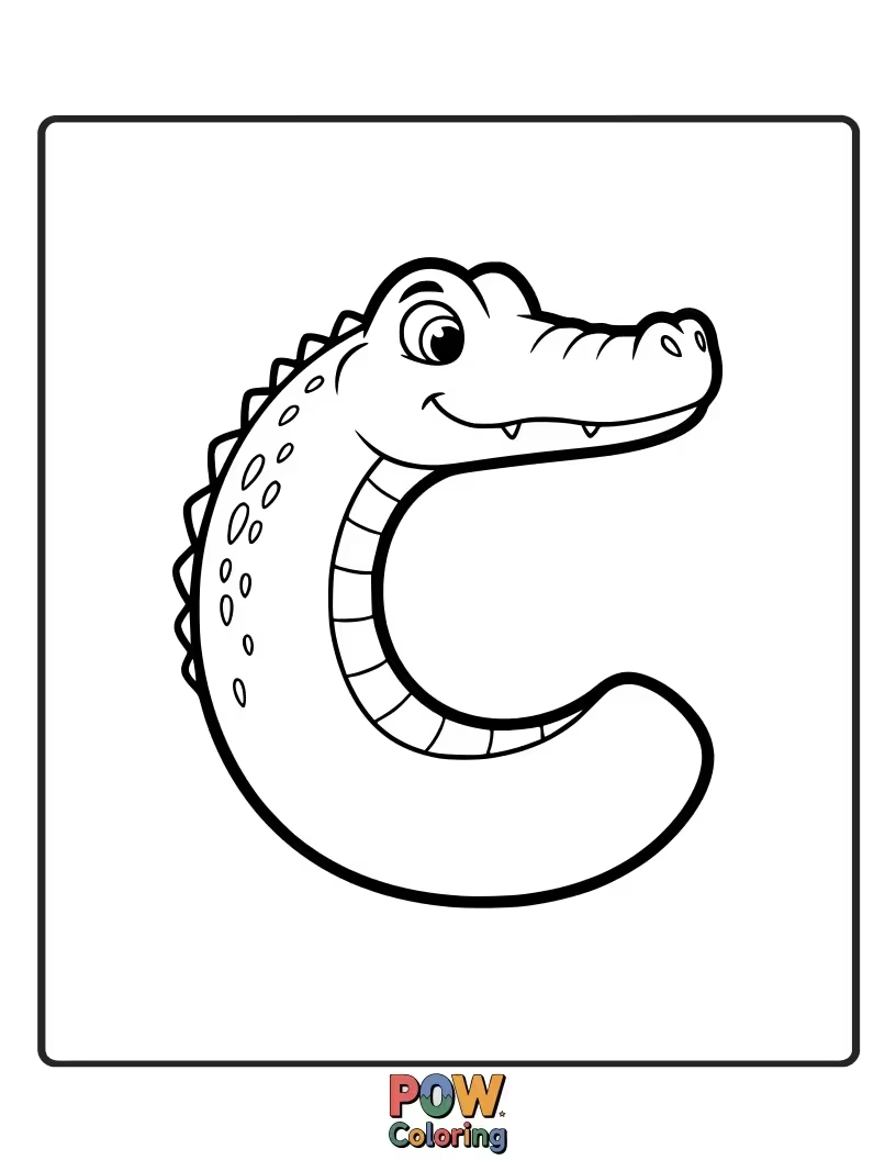 Free coloring page of funny alligator designed in the form of the letter C