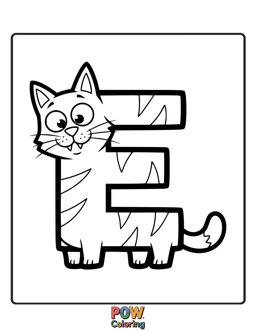 Free coloring page of lovely cat drawn in the shape of the letter E