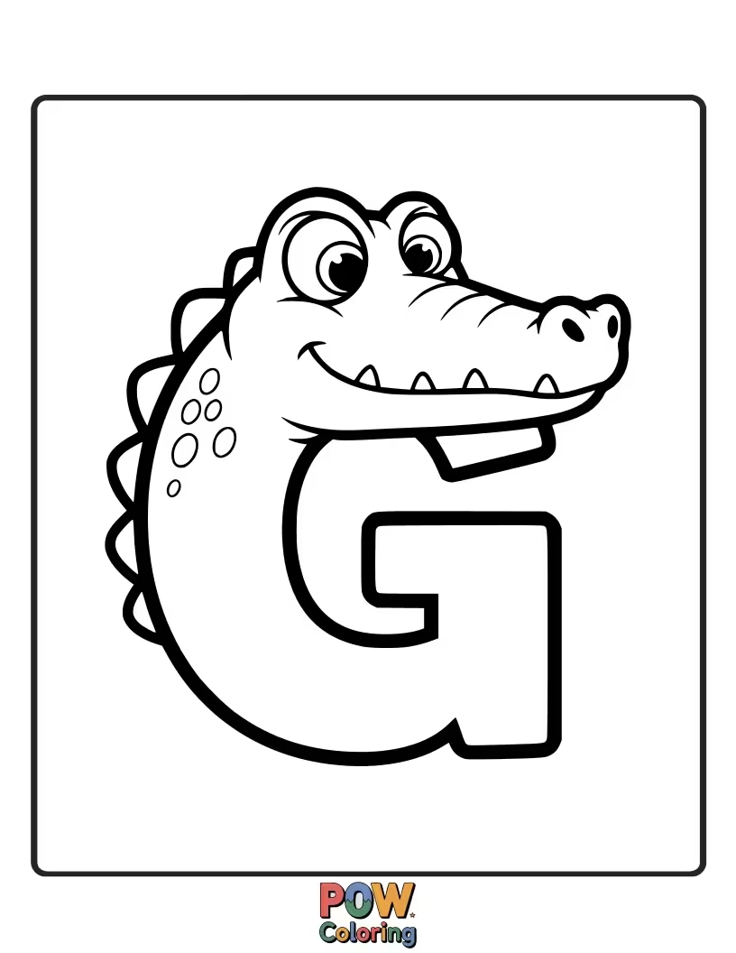 Free coloring page of smiling alligator turned into the letter G