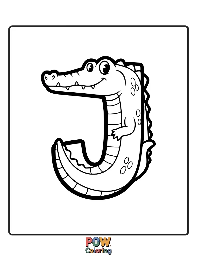 Free coloring page of joyful alligator shaped perfectly into the letter J
