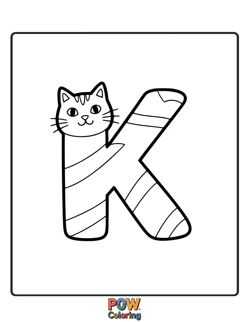 Free coloring page of happy cat whimsically styled like the letter K