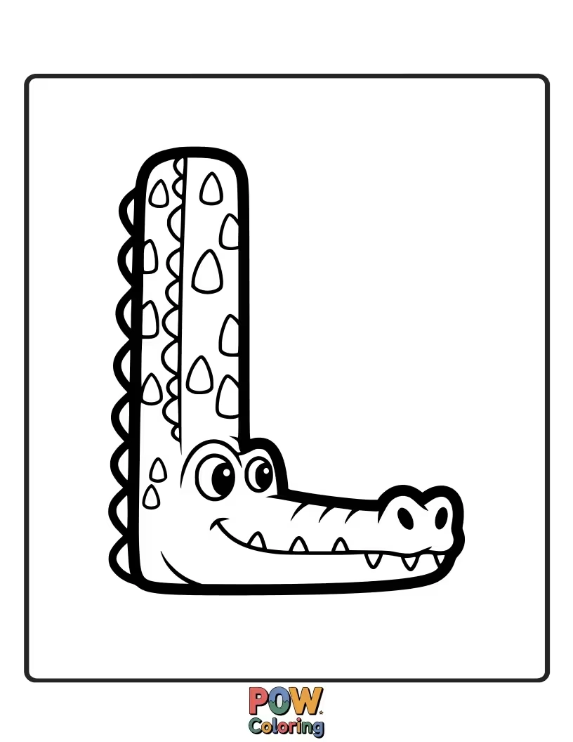 Free coloring page of charming alligator artistically shaped as the letter L