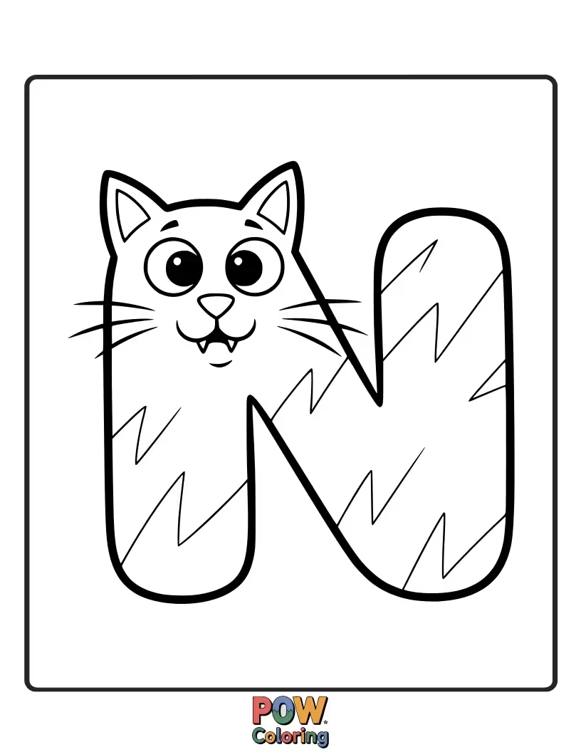 Free coloring page of cute cat beautifully molded into the letter N