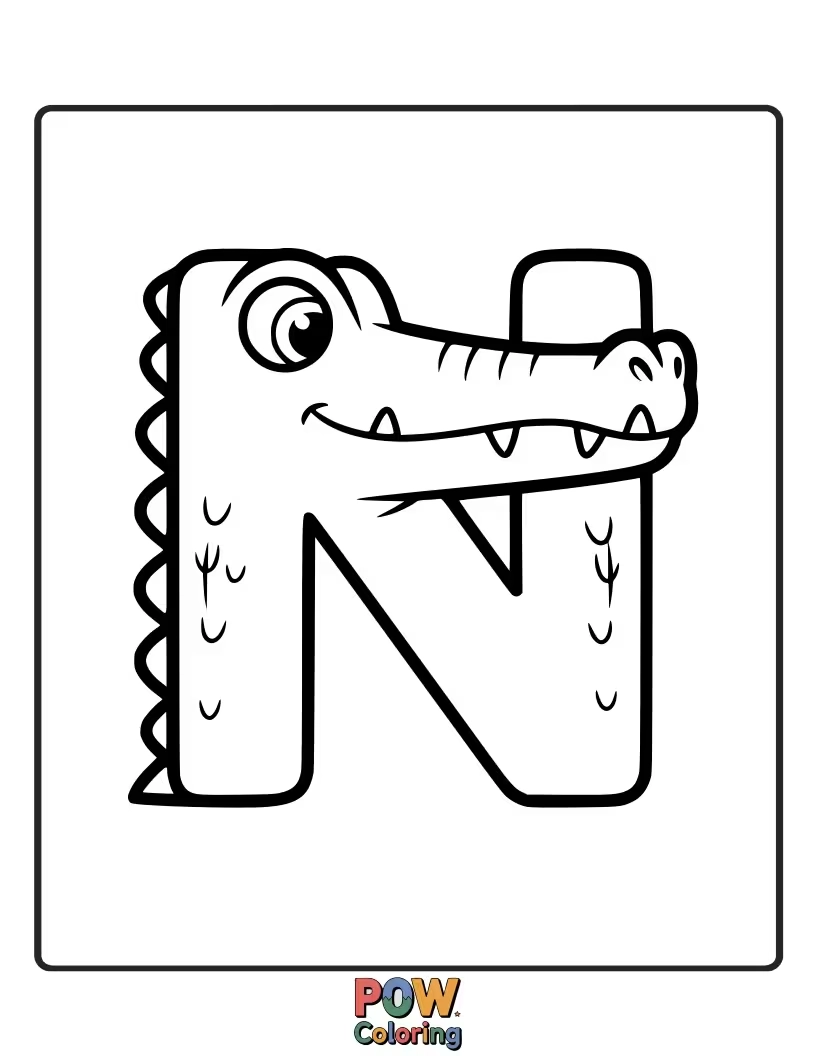 Free coloring page of playful alligator creatively turned into the letter N
