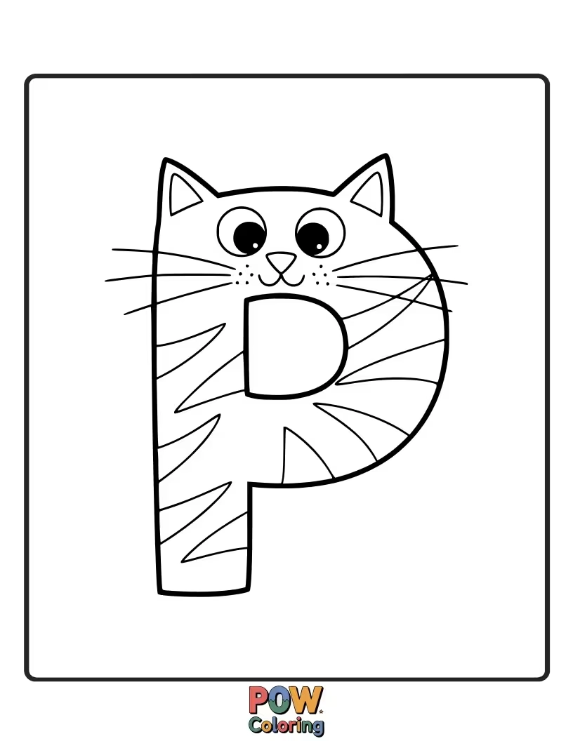 Free coloring page of funny cartoon cat shaped just like the letter P