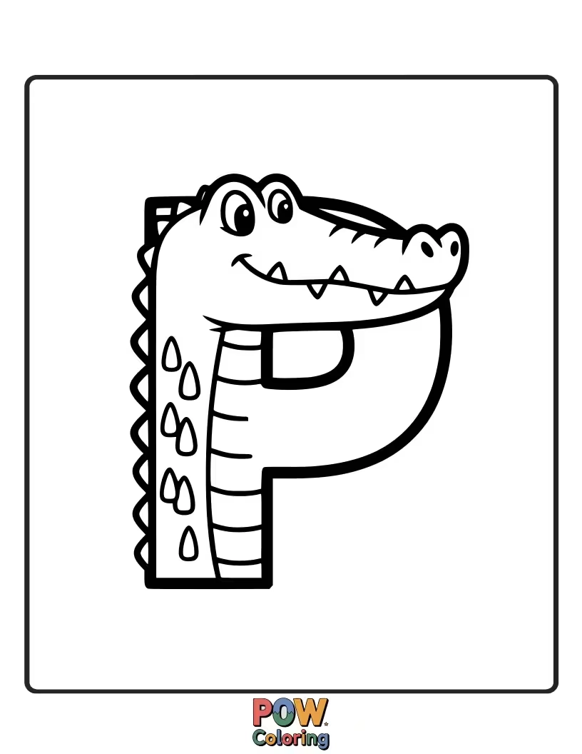 Free coloring page of cartoon alligator funnily designed as the letter P