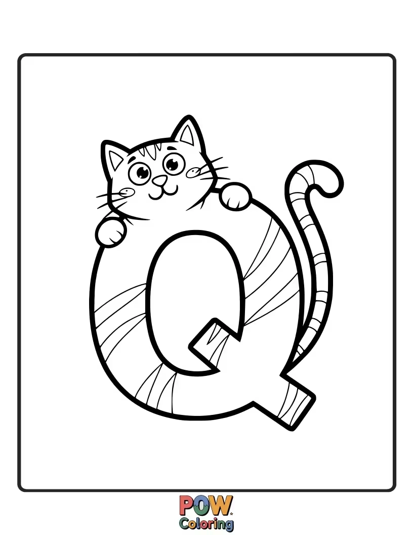 Free coloring page of clever cat adorably made to look like the letter Q