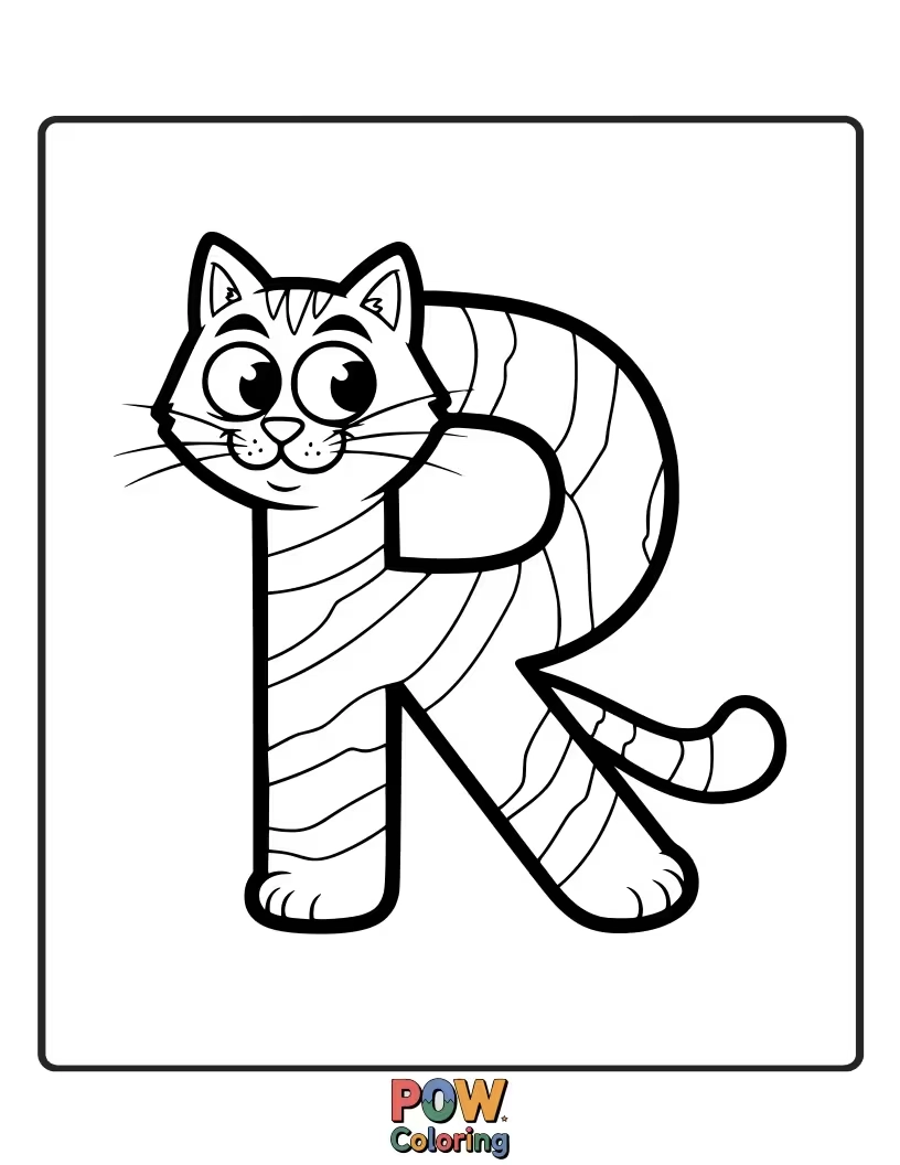 Free coloring page of friendly kitten cutely drawn as the letter R