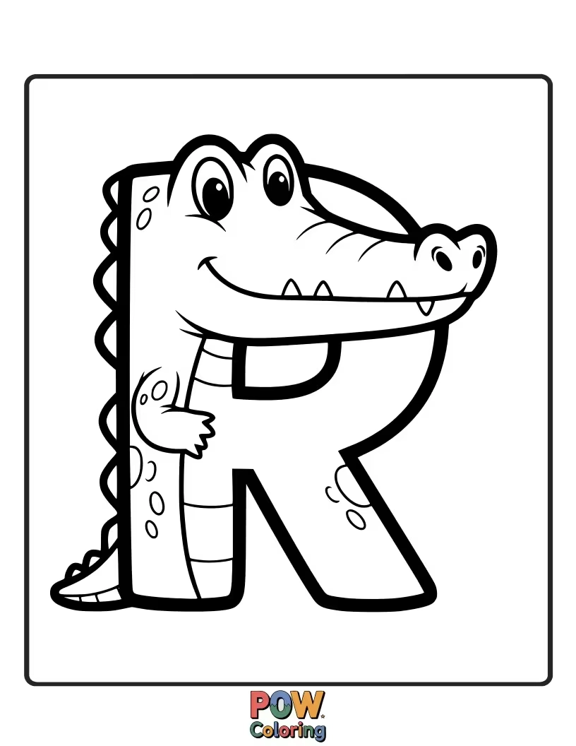 Free coloring page of clever alligator with a body shaped like the letter R
