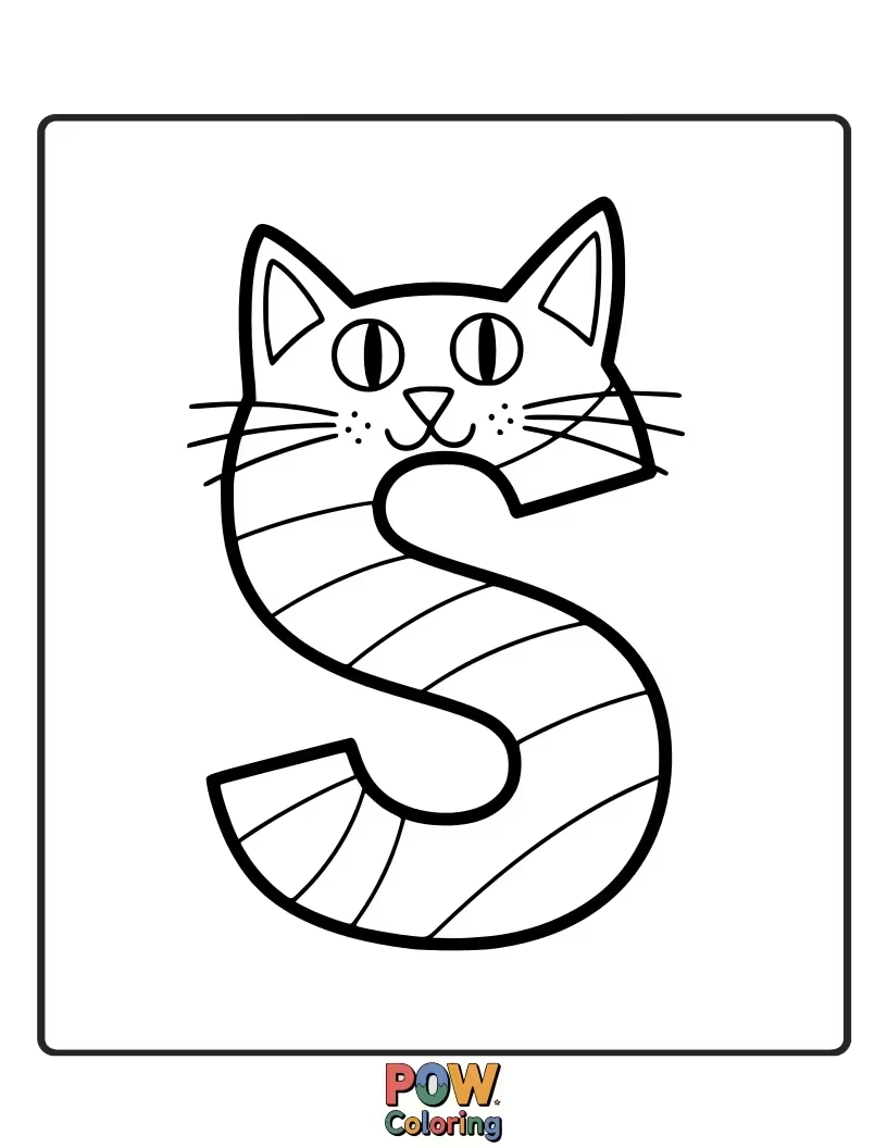 Free coloring page of artistic cat uniquely styled in the letter S form