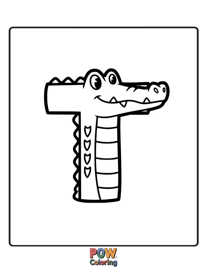Free coloring page of adorable alligator perfectly drawn as the letter T