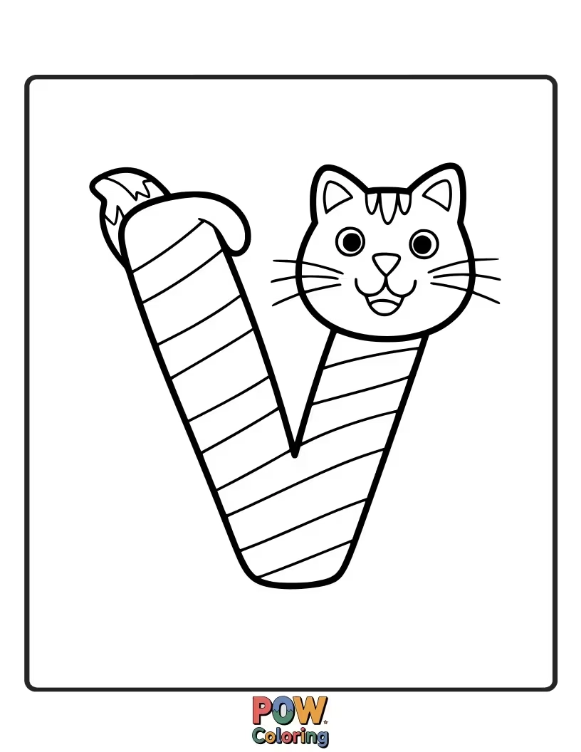 Free coloring page of joyful cat gracefully formed as the letter V