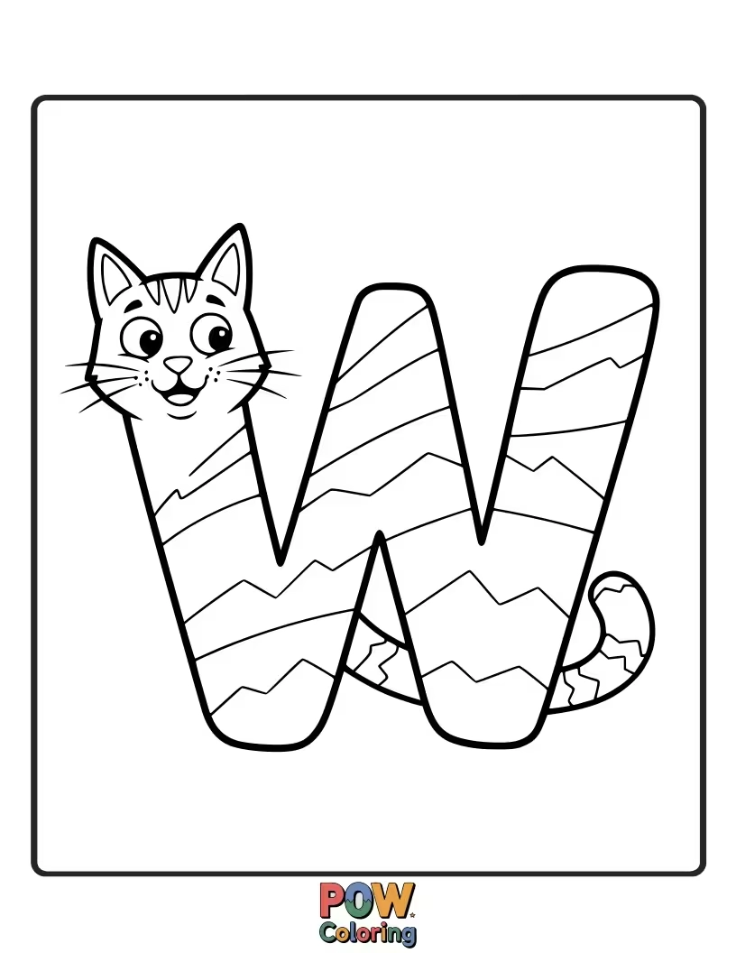 Free coloring page of cute cat neatly designed to resemble the letter W