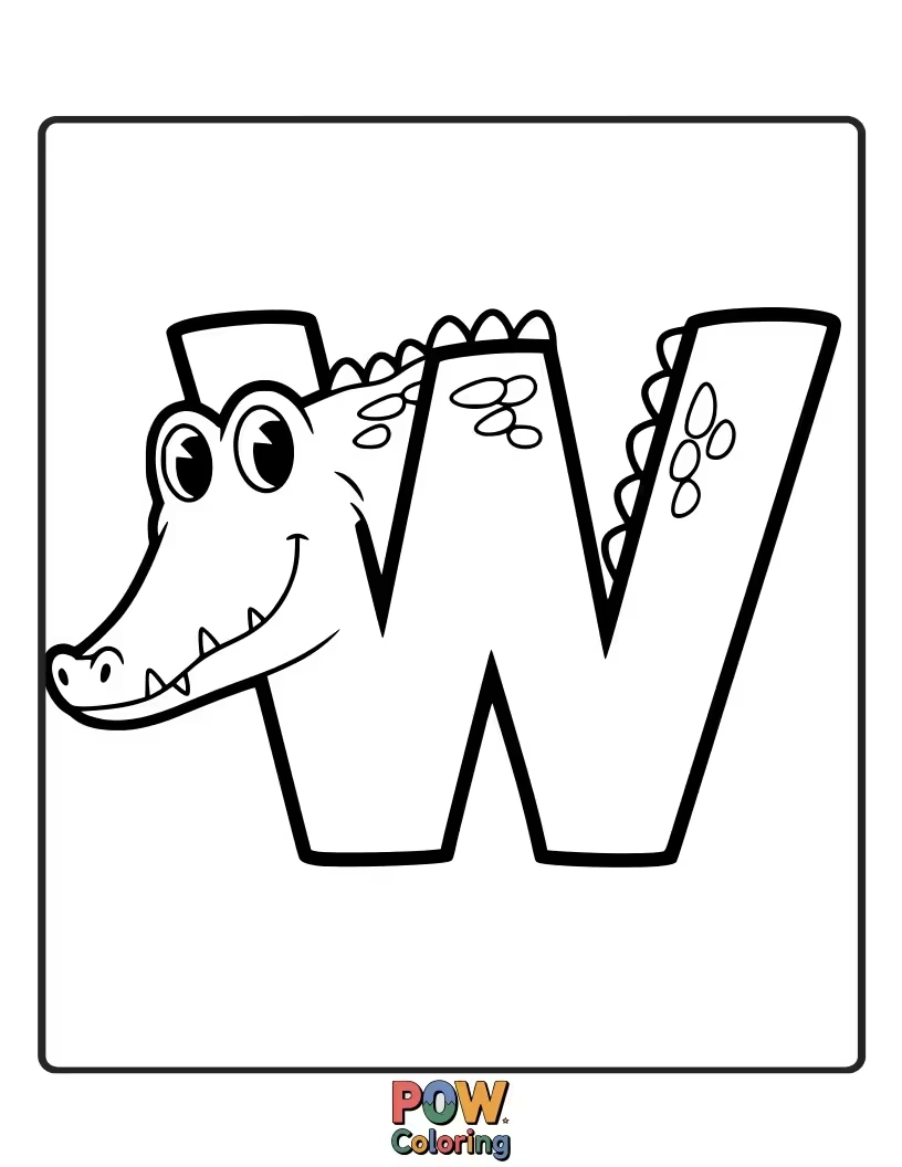 Free coloring page of cute alphabet alligator created as the letter W