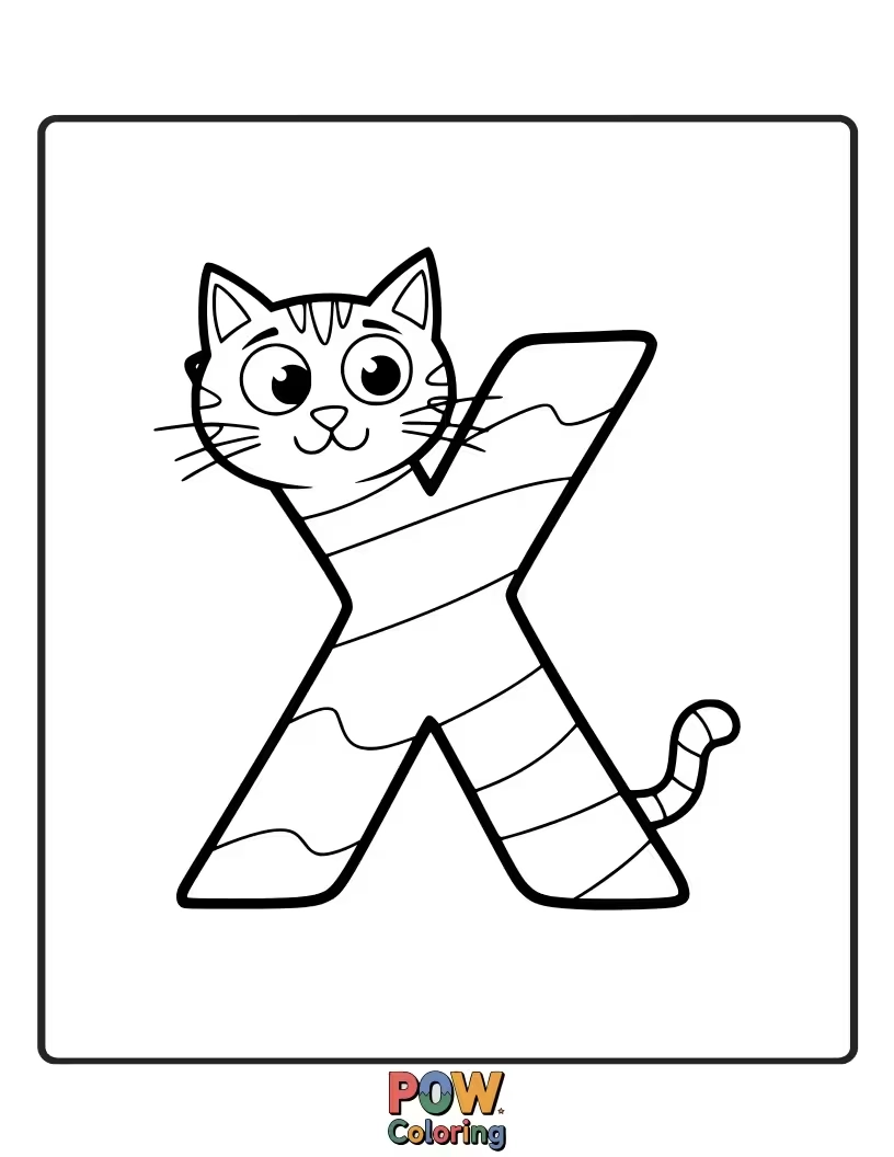 Free coloring page of soft kitten playfully formed into the letter X