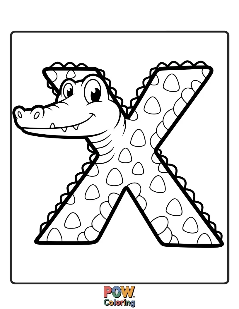 Free coloring page of alligator cutely molded into the letter X shape