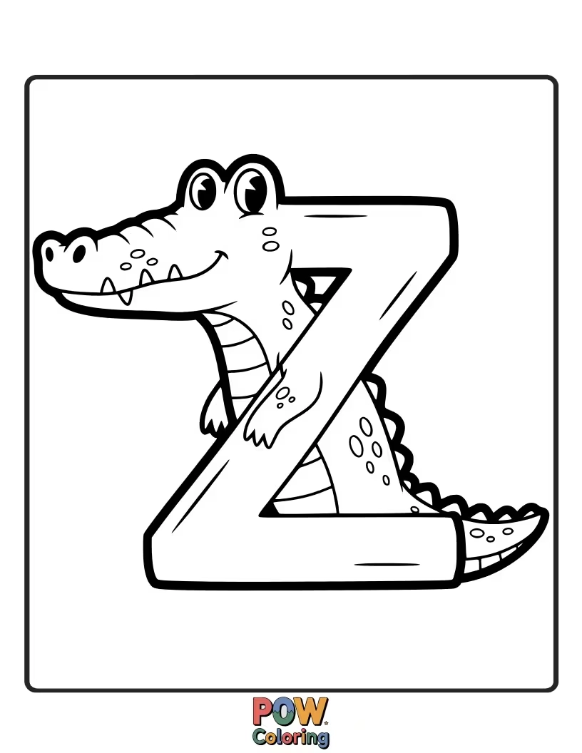 Free coloring page of friendly cartoon alligator cleverly drawn in the shape of Z