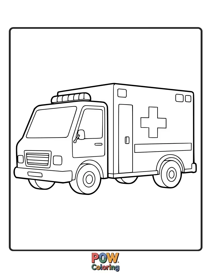 Free coloring page of A life-saving ambulance truck, ready to help. Use bright whites and reds to bring this medical hero to life.