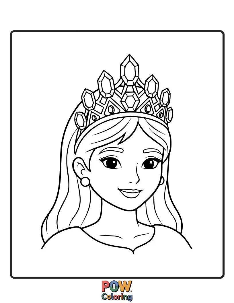 Free coloring page of A serene princess wearing a beautiful tiara adorned with soft purple amethysts.