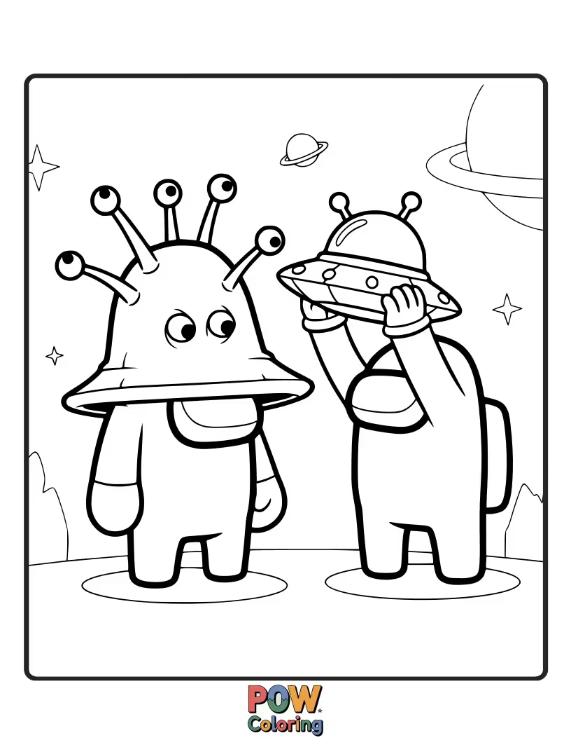 Free coloring page of Crewmates wearing ridiculously oversized and funny alien-themed hats.