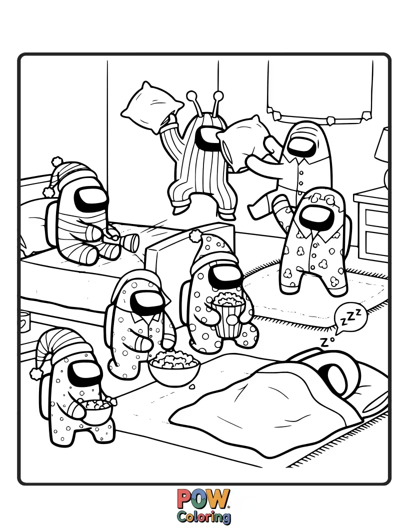 Free coloring page of Crewmates in silly alien-themed pajamas having a secret meeting.