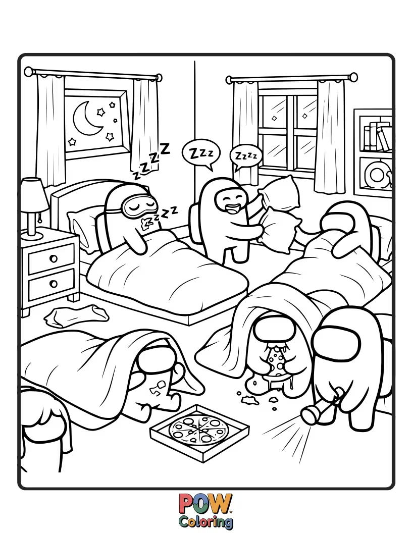 Free coloring page of Crewmates having a pillow fight in alien pajamas.
