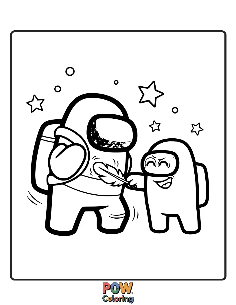 Free coloring page of A crewmate innocently coloring, unaware of the imposter tickling them with a feather from behind.
