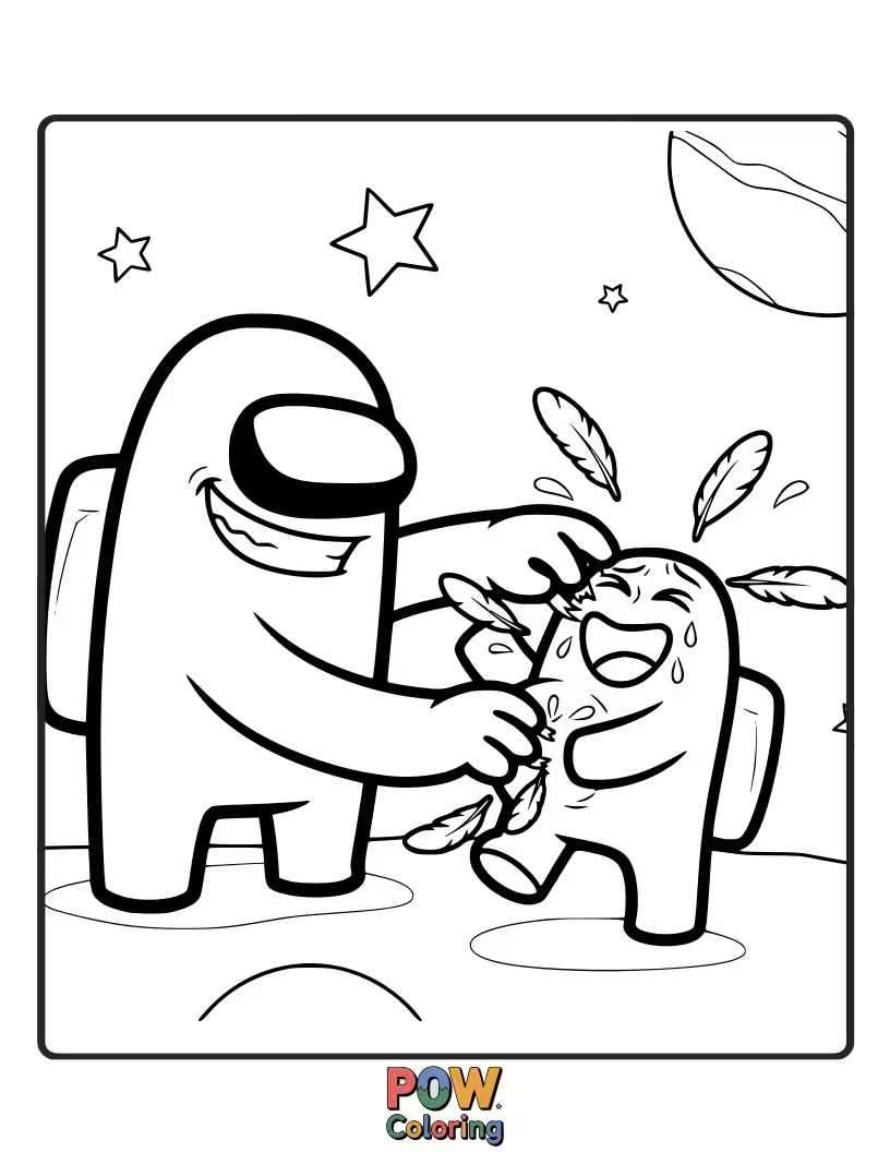 Free coloring page of An imposter with a long feather, about to tickle a very nervous crewmate.