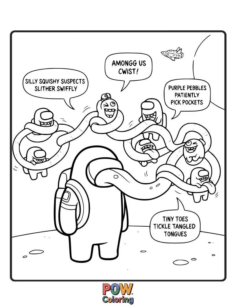 Free coloring page of A crewmate struggling to say a complicated alien tongue twister.