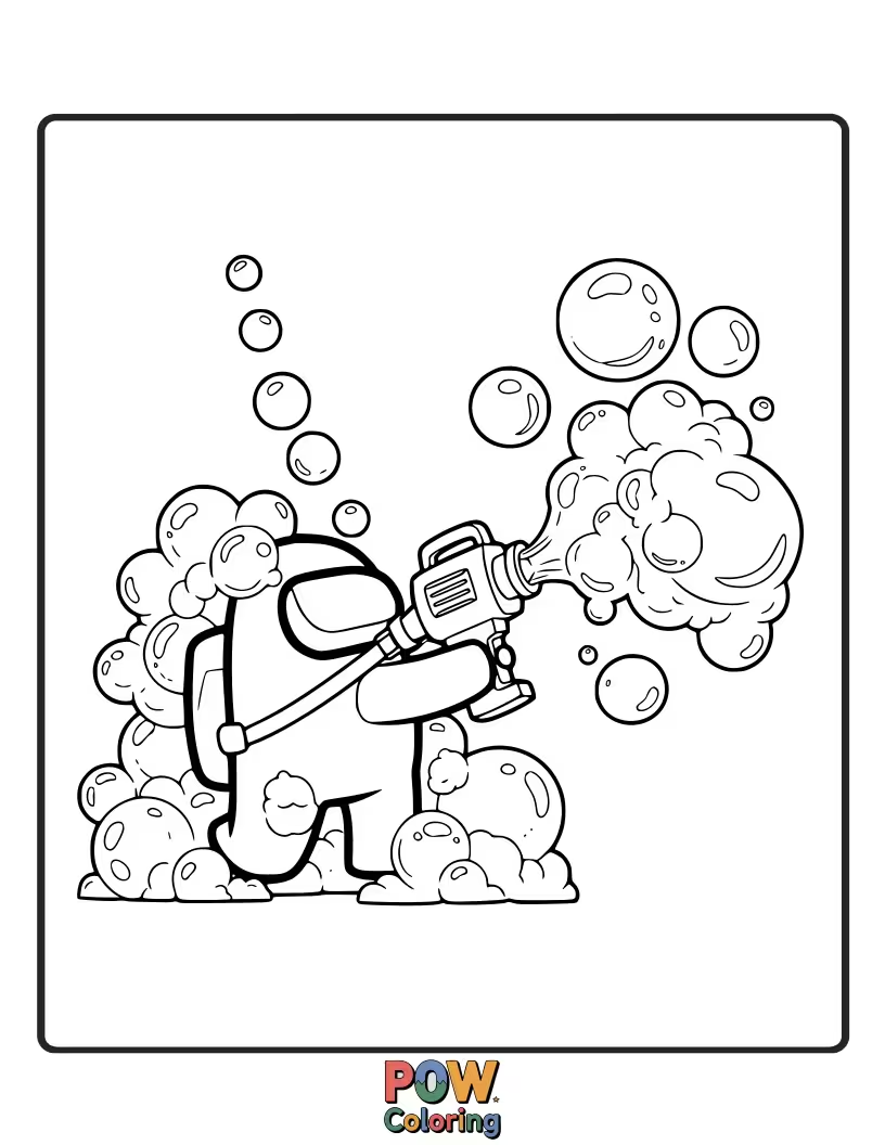 Free coloring page of An imposter accidentally blowing a giant bubble that engulfs a crewmate.