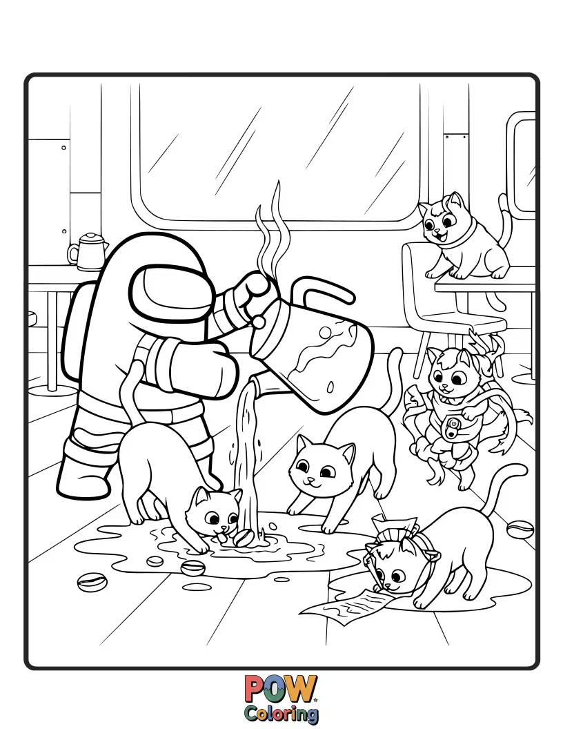 Free coloring page of A crewmate spilling a giant mug of coffee all over the floor, creating a messy disaster.