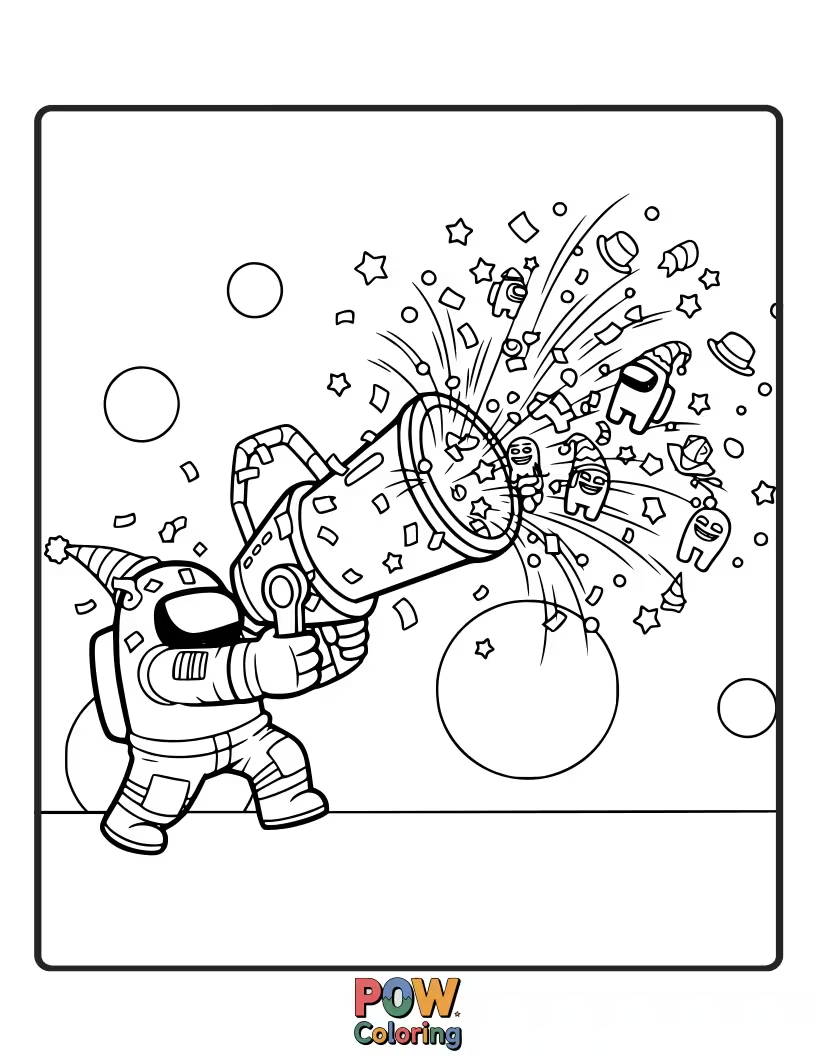 Free coloring page of A crewmate accidentally setting off a confetti cannon during a critical task.