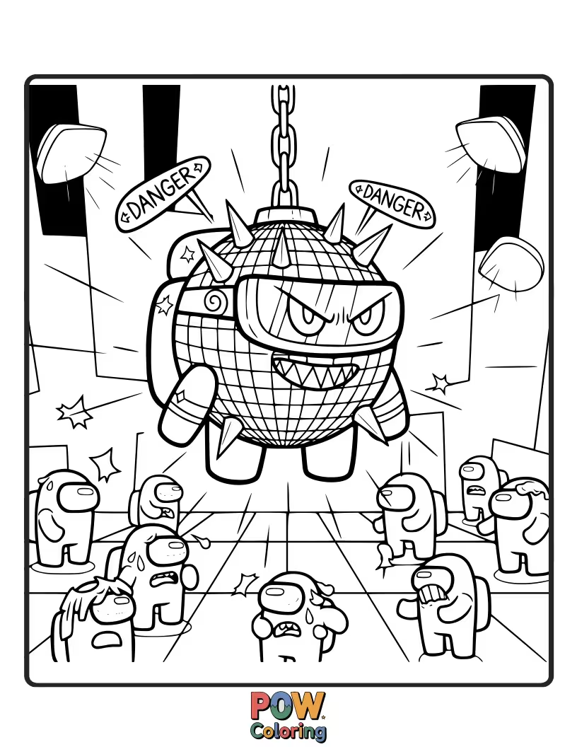 Free coloring page of A wobbly disco ball threatening to fall on a crewmate.